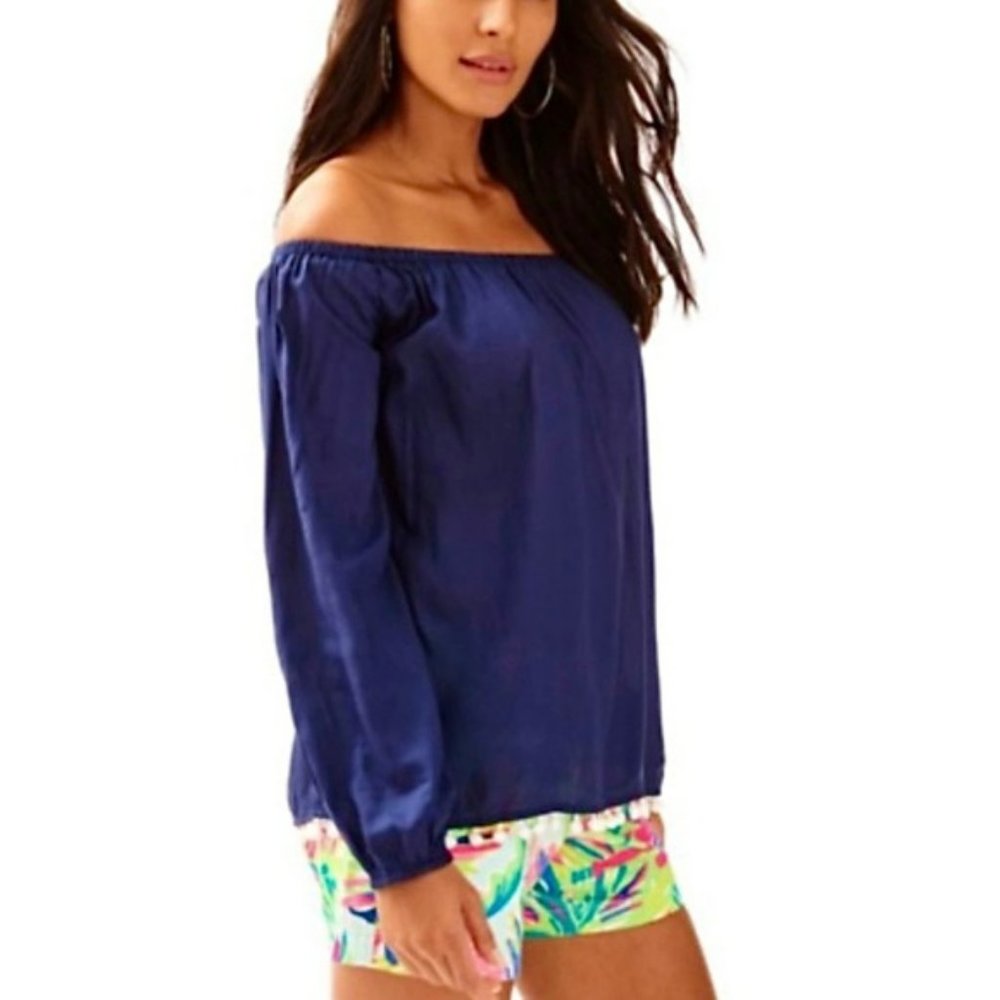 Lilly Pulitzer Enna Navy Off Shoulder Pom Blouse M
